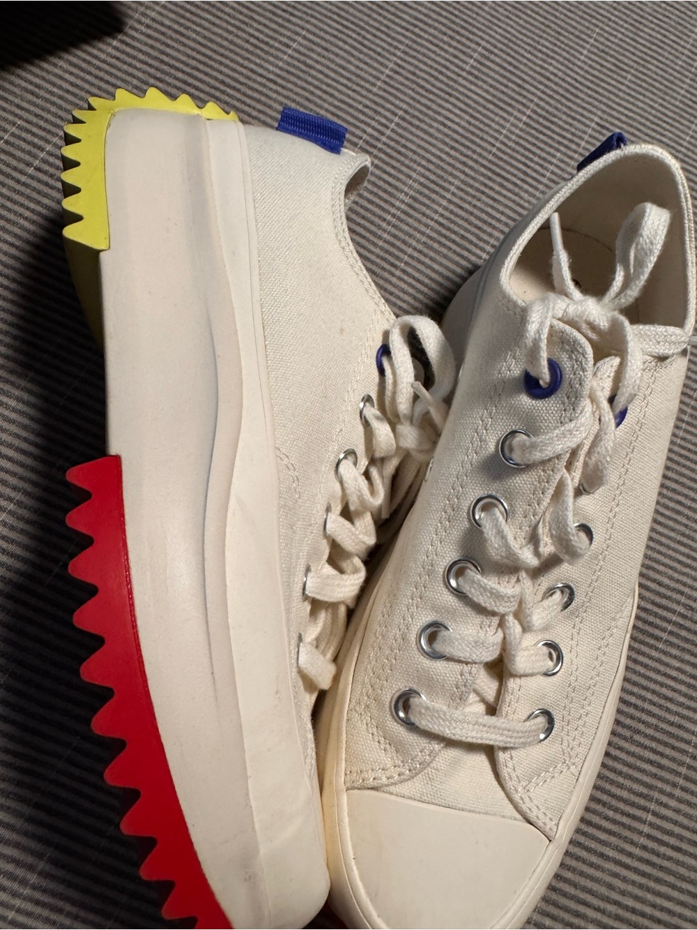 Converse Cream Canvas Platform Sneakers with Red & Yellow Sole